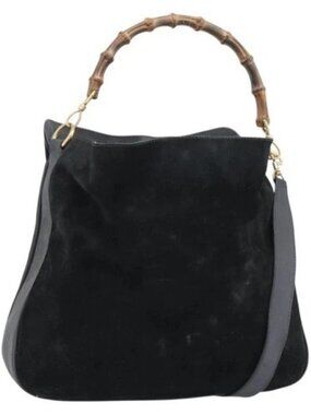GUCCI Bamboo Shoulder Bag Suede 2way Black Gold 001 1577 2615 Auth ep14993